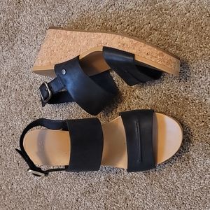 UGG Elena II Black Leather Wedge Sandals